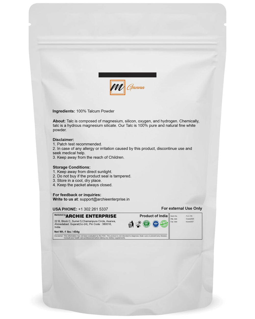 mGanna talco textura fina: polvo ultrafino para mezclas cosméticas.