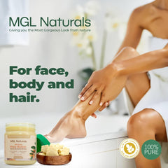 MGL Naturals manteca karité marfil, cabello suave y brillo natural.