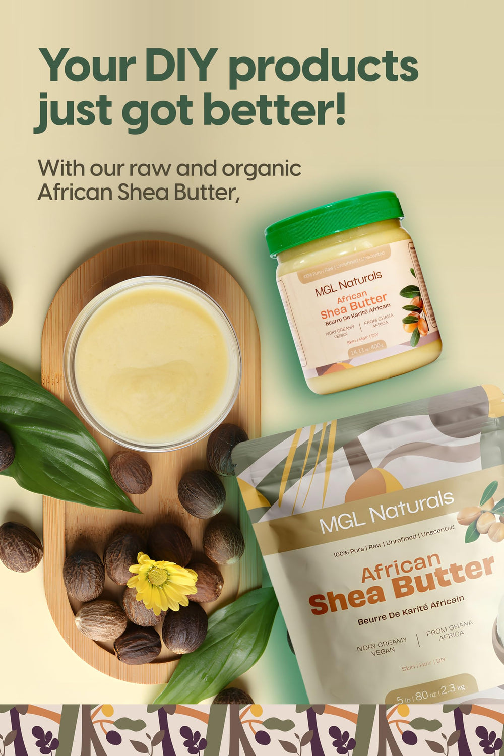 MGL Naturals manteca karité marfil, soporte para labios, manos y zonas secas.