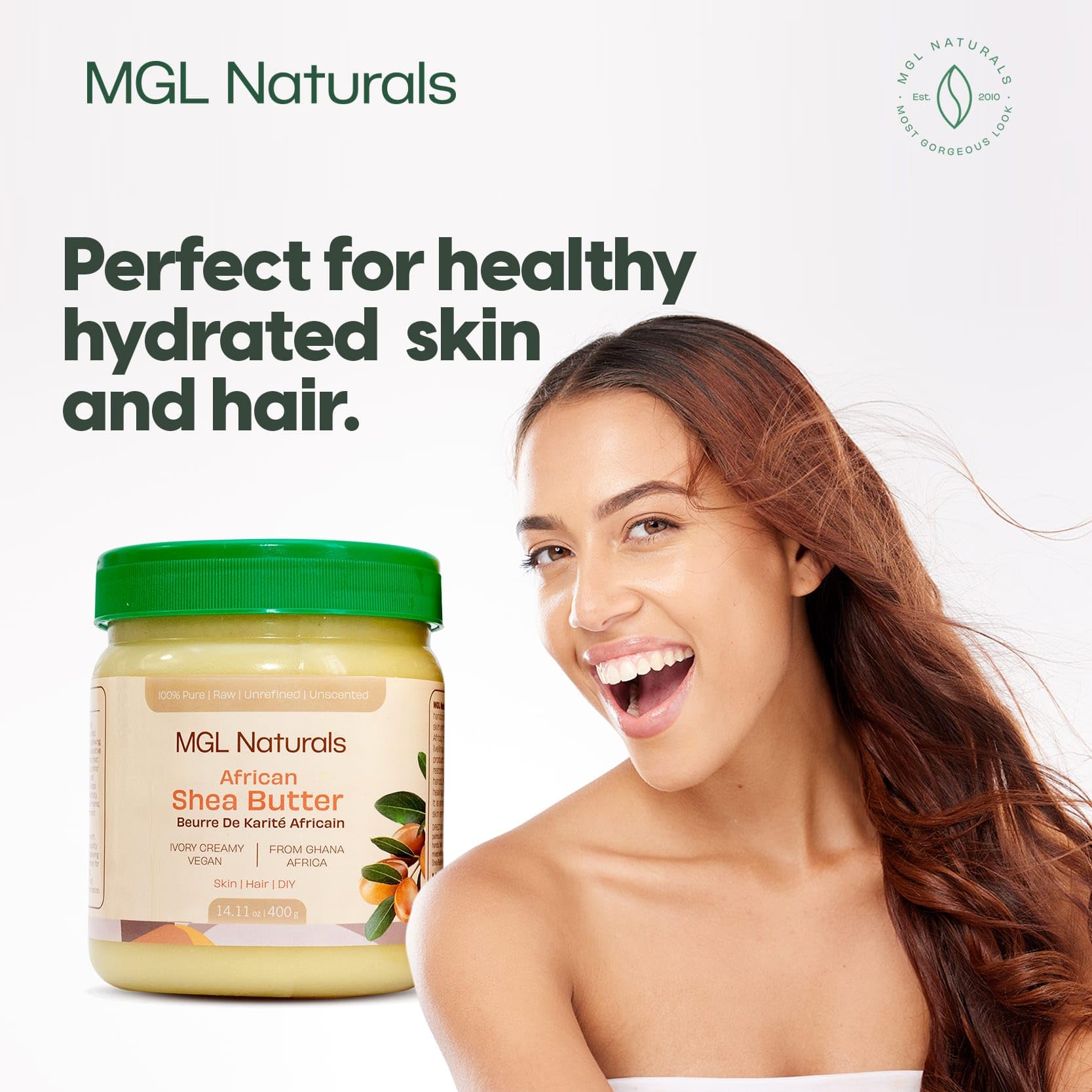 MGL Naturals manteca karité marfil, hidratación sin fragancia para piel sensible.