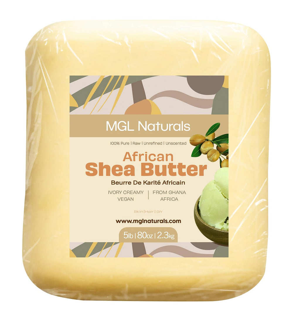 MGL Naturals raw African shea butter ivory 5lb block for deep skin and hair hydration.