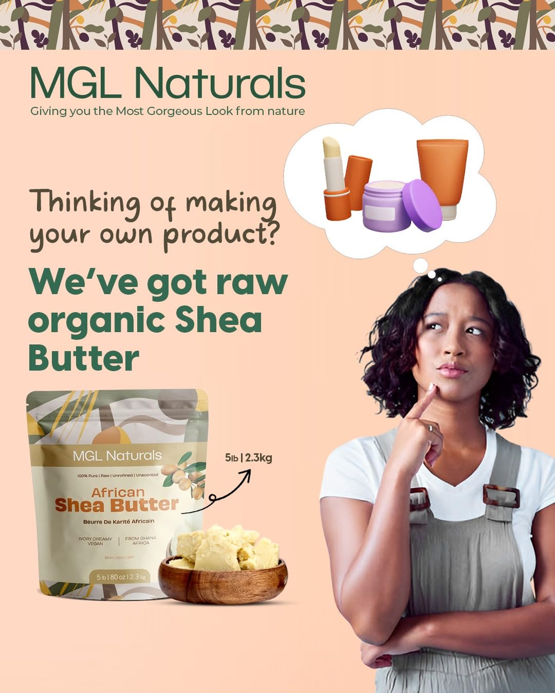MGL Naturals Ghana fair-trade shea butter in a jar.