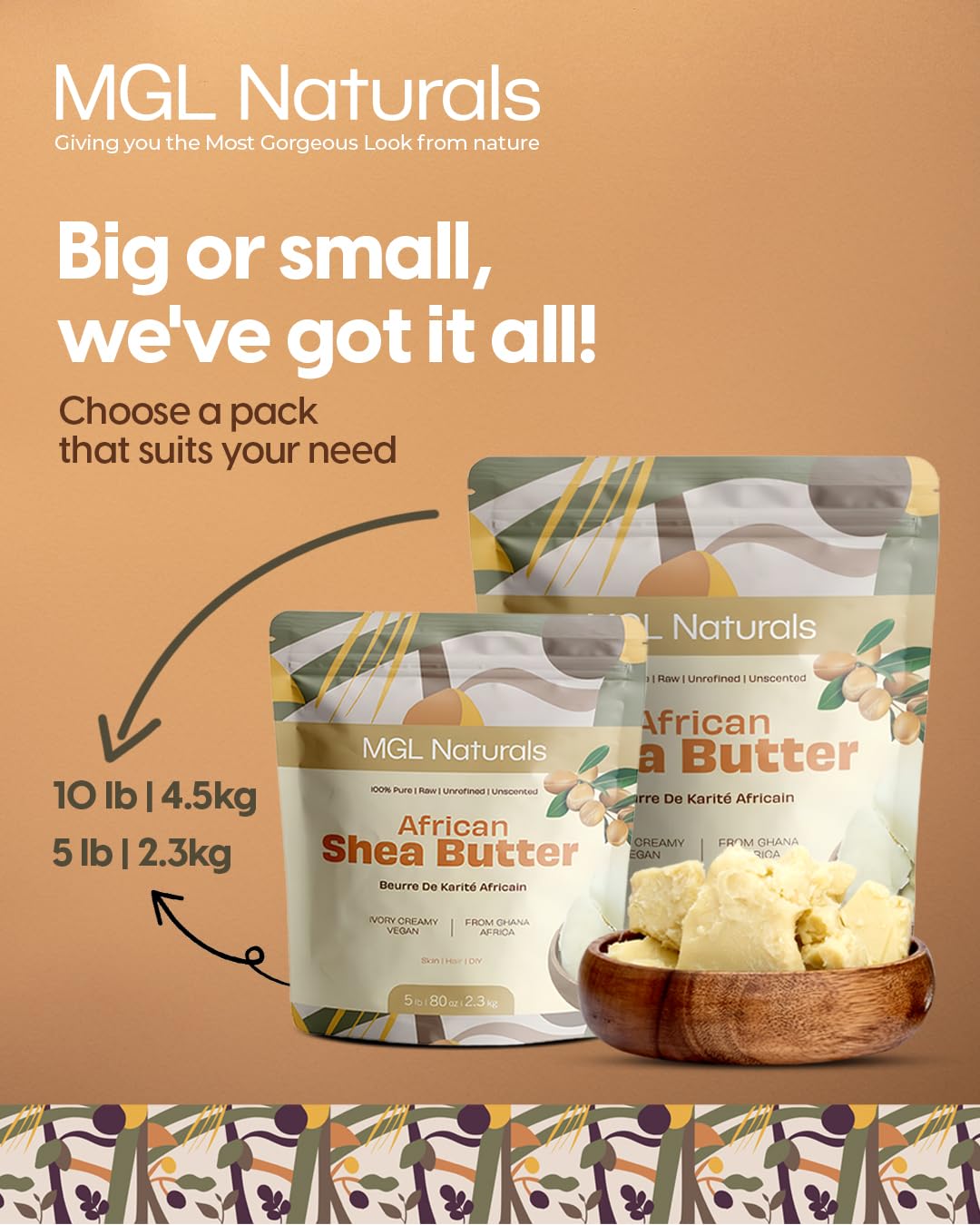 MGL Naturals shea butter hair treatment for soft, manageable strands.