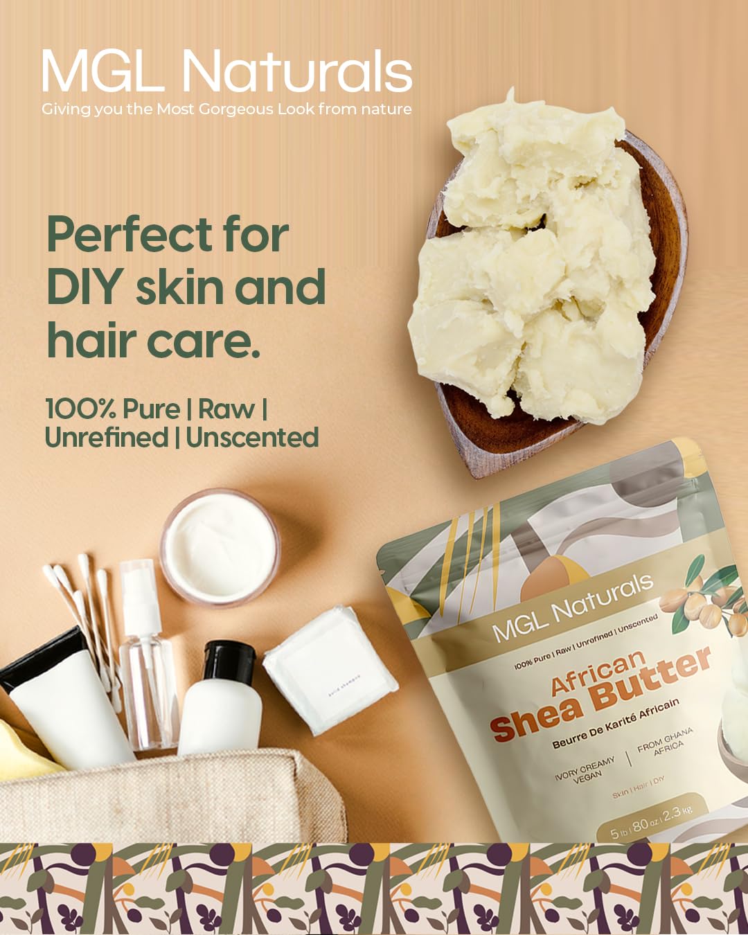 MGL Naturals shea butter applied to hands and lips for softness.