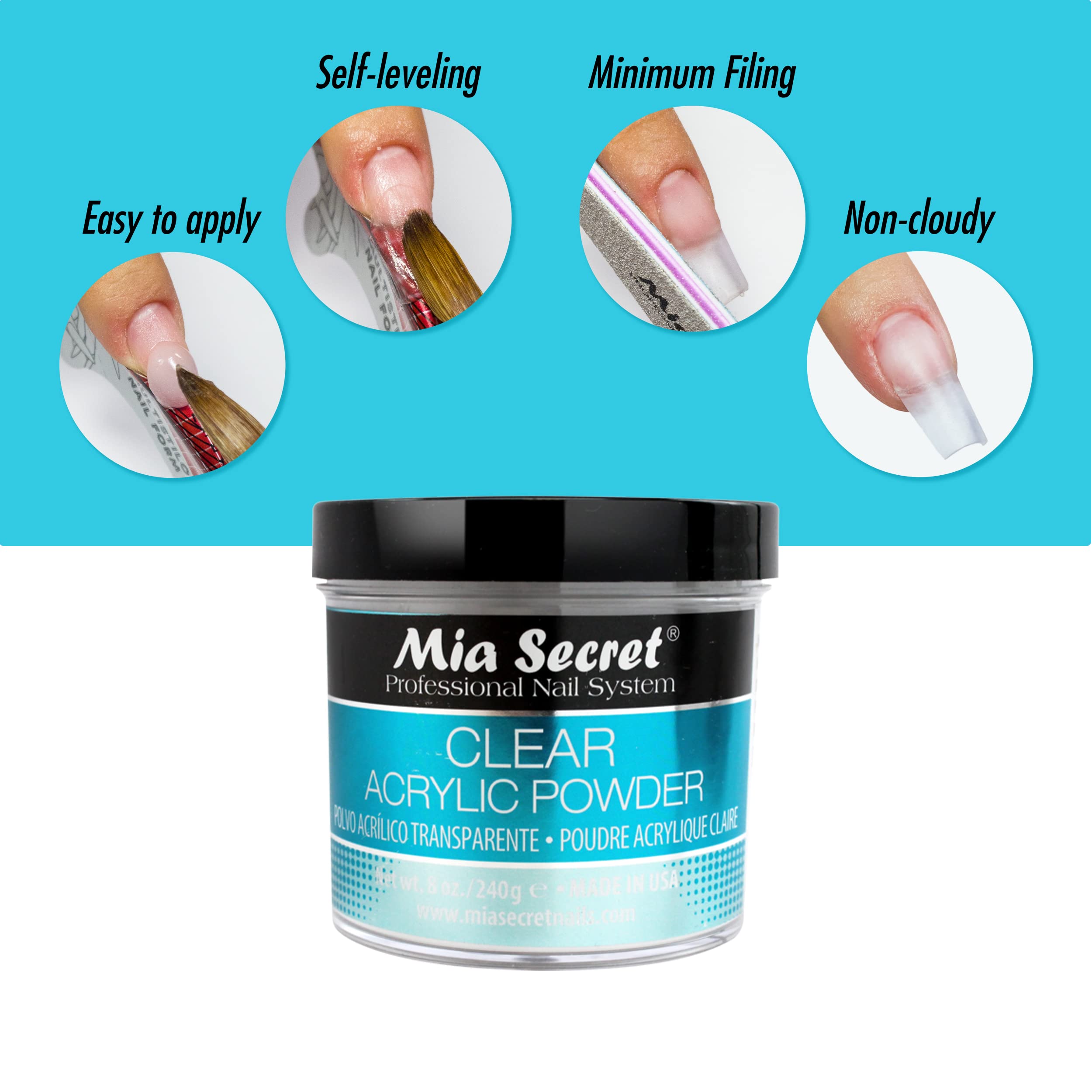 Mia Secret Clear Acrylic Powder self-levels to reduce filing and create a clean surface.