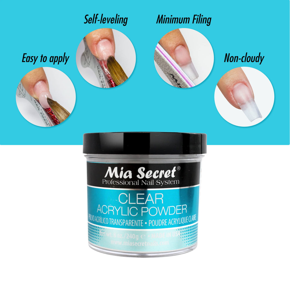 Mia Secret Clear Acrylic Powder self-levels to reduce filing and create a clean surface.