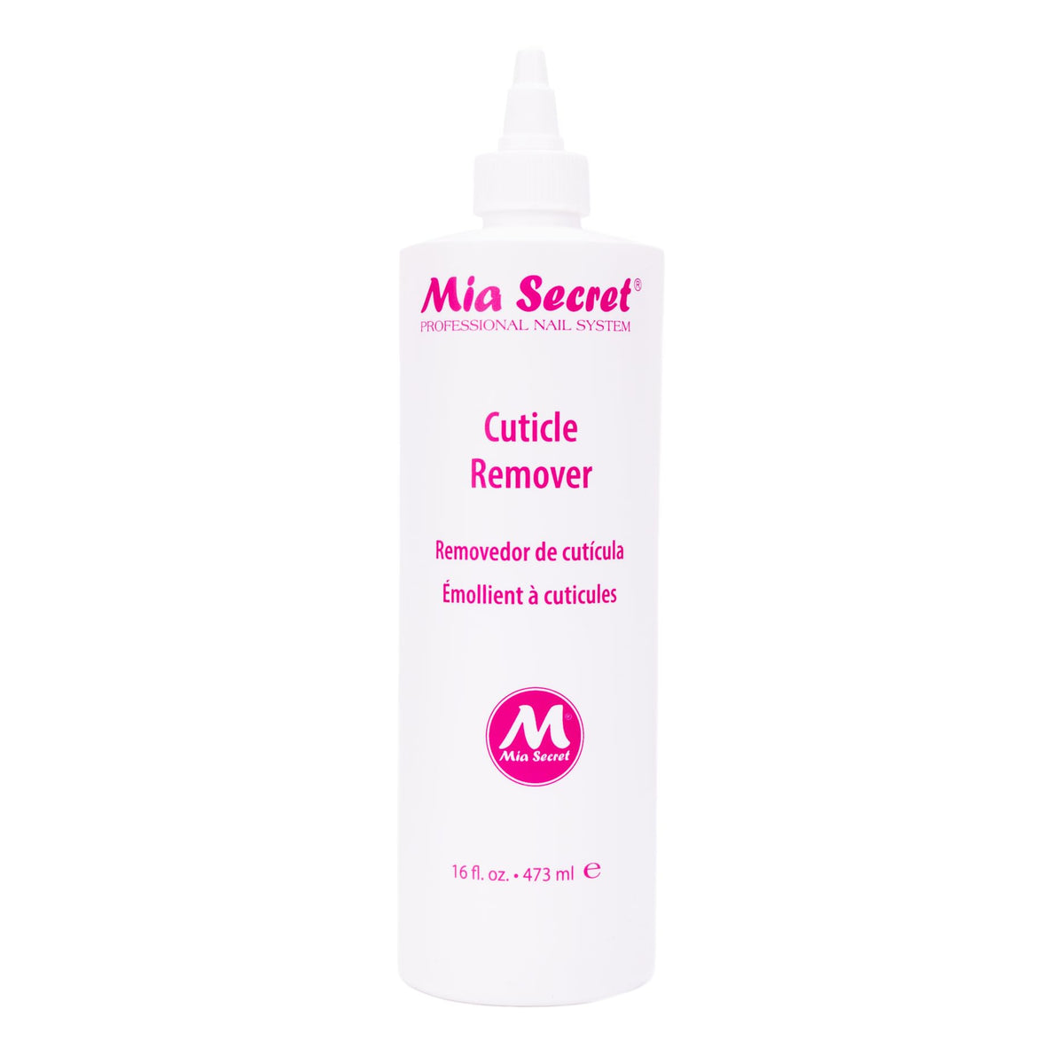 Mia Secret Cuticle Softener bottle close-up with fast-acting formula for soft cuticles.