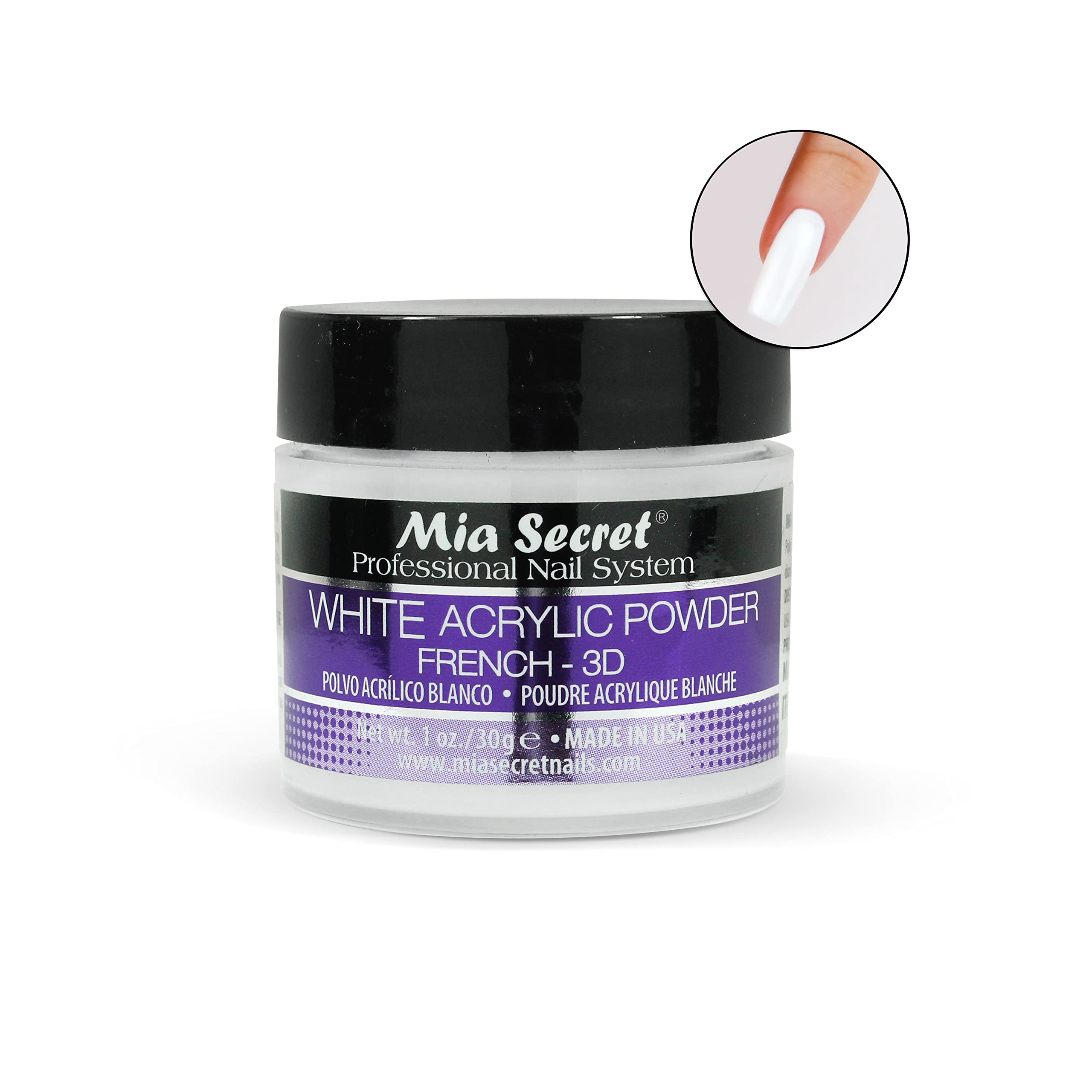 Envase de Mia Secret polvo acrílico blanco, control cómodo durante la aplicación.