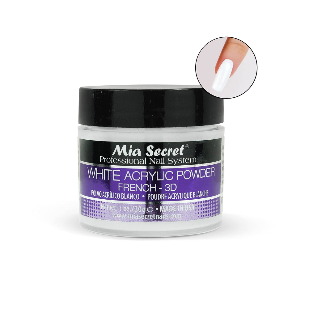 Envase de Mia Secret polvo acrílico blanco, control cómodo durante la aplicación.