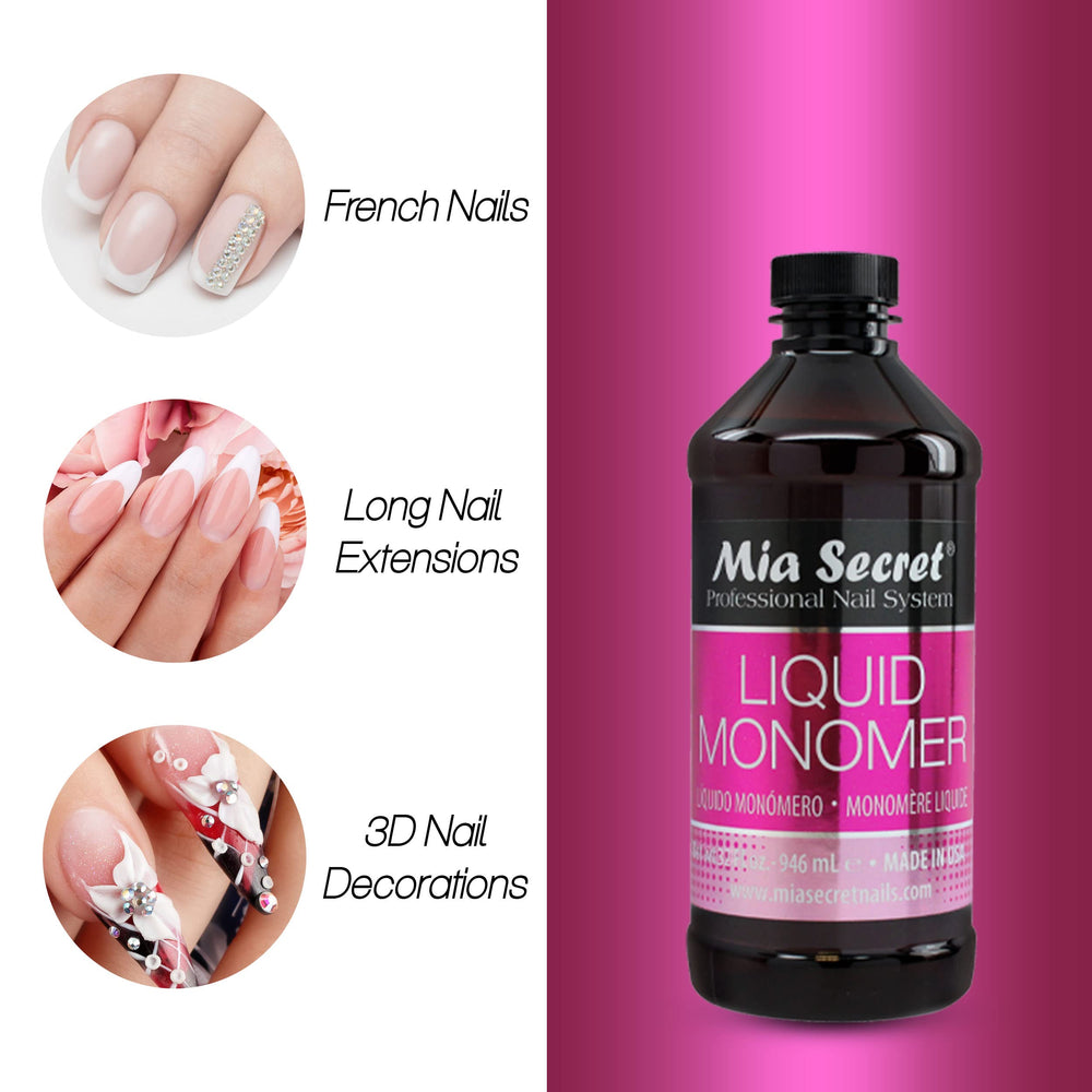 Mia Secret Liquid Monomer pour-action demonstrating smooth flow for precise application.