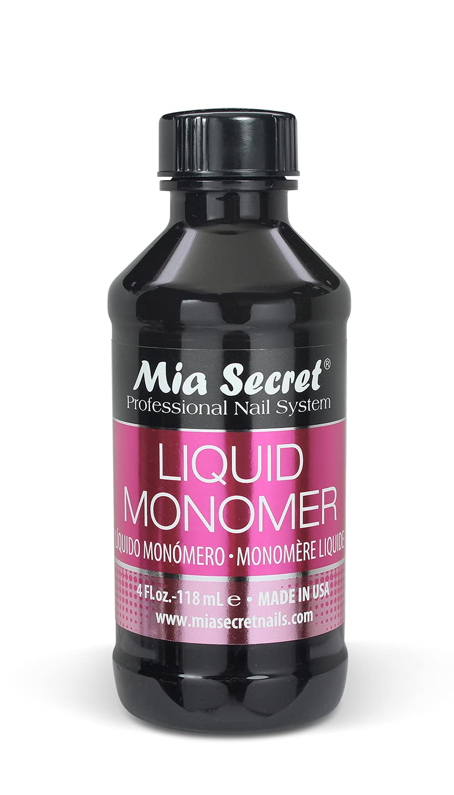 Mia Secret liquido monomero profesional, botella frontal para aplicacion precisa.