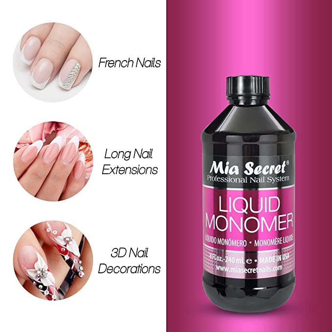 Mia Secret monómero líquido 4 oz ofrece control durante la aplicación de uñas acrílicas.