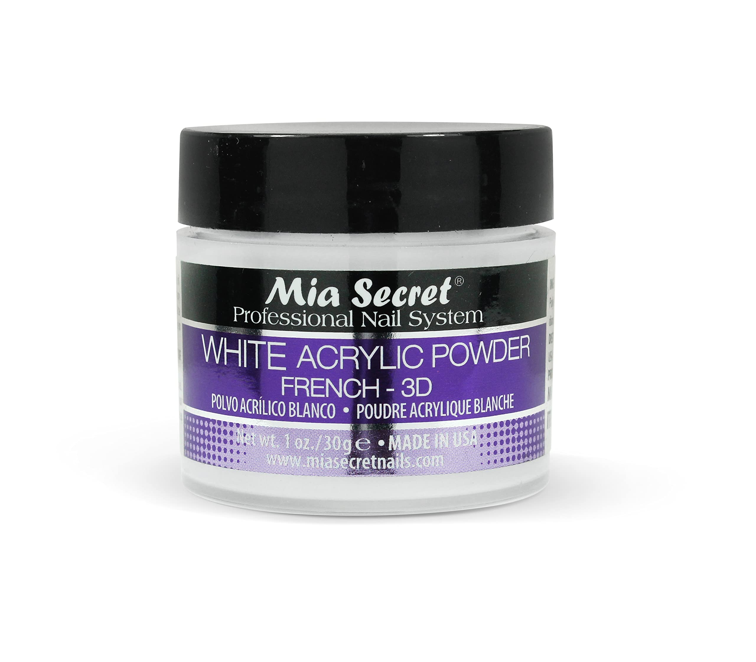 Mia Secret polvo acrílico blanco 1oz, textura suave para arte de uñas 3D.