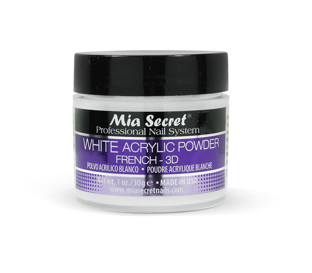 Mia Secret polvo acrílico blanco 1oz, textura suave para arte de uñas 3D.