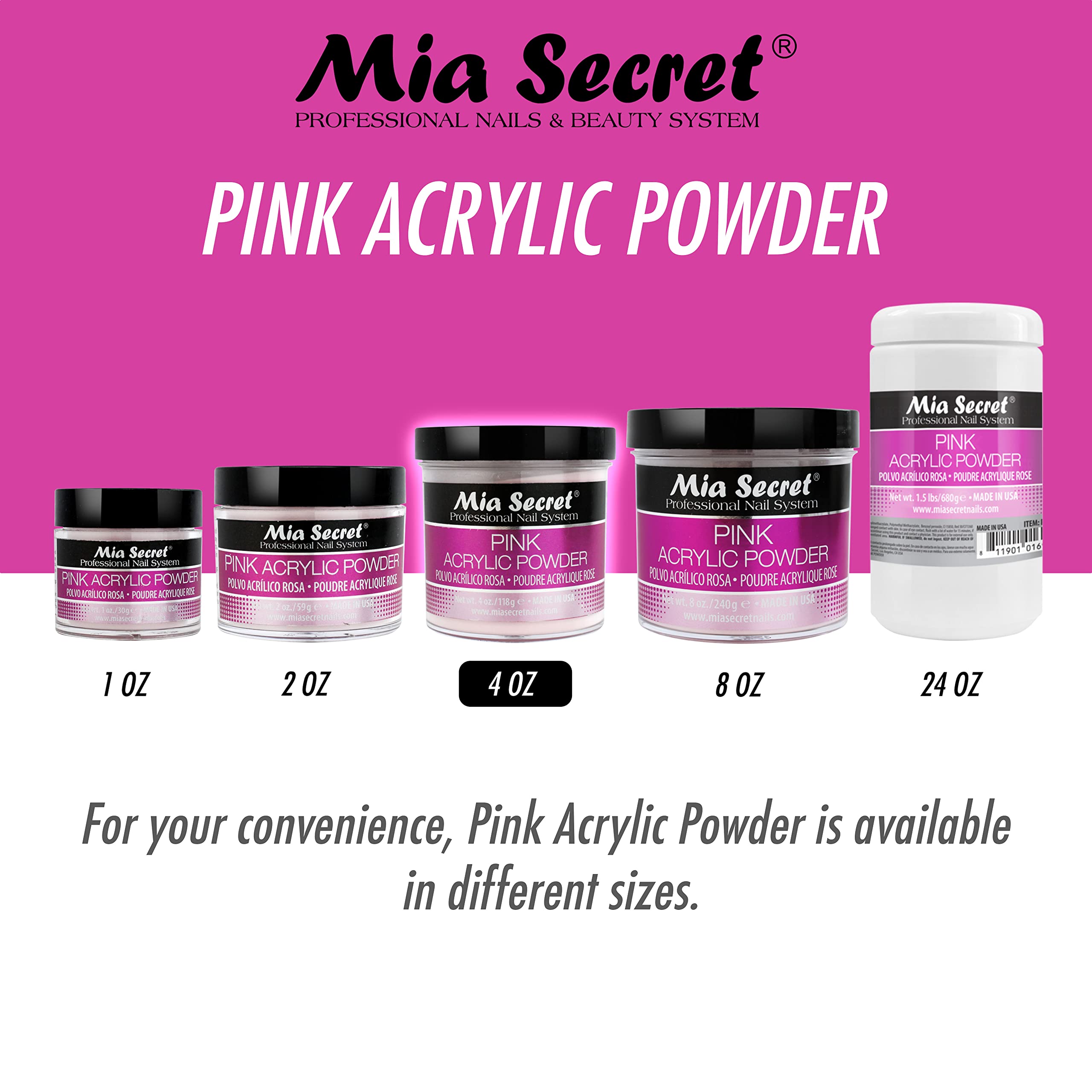 Mia Secret polvo acrílico rosa, adhesión superior para uñas duraderas.