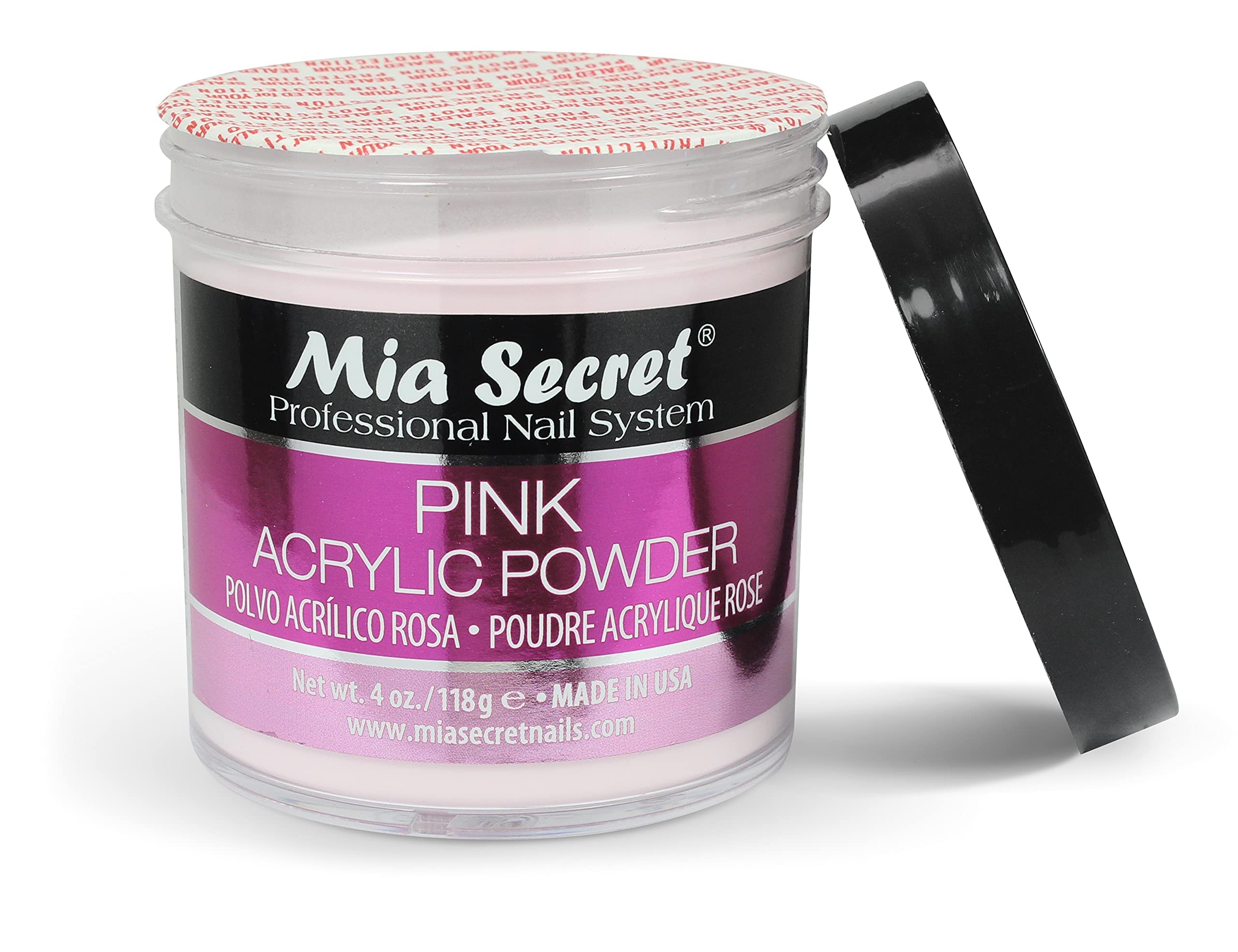 Mia Secret polvo acrílico rosa para uñas de larga durabilidad.