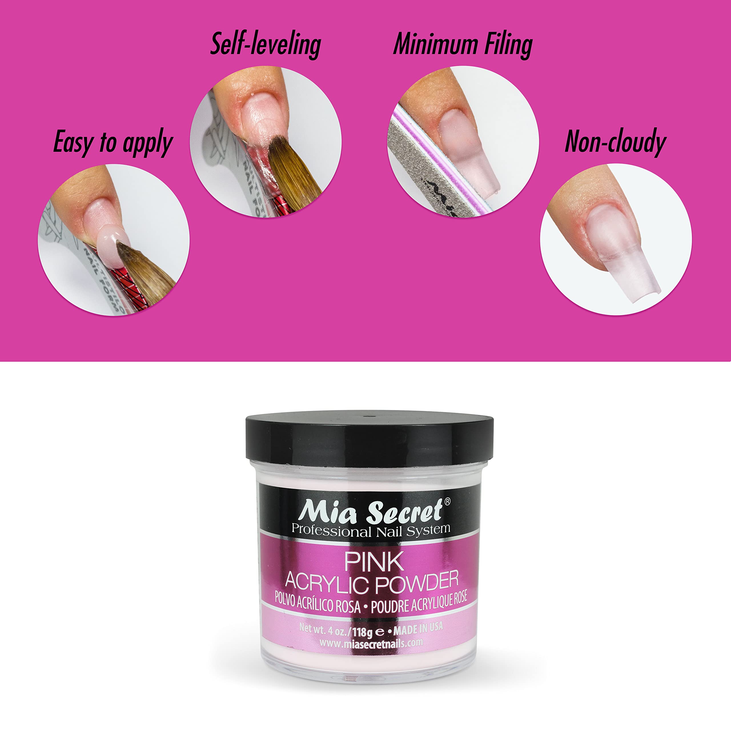 Mia Secret polvo acrílico rosa fácil de usar, resultados consistentes.