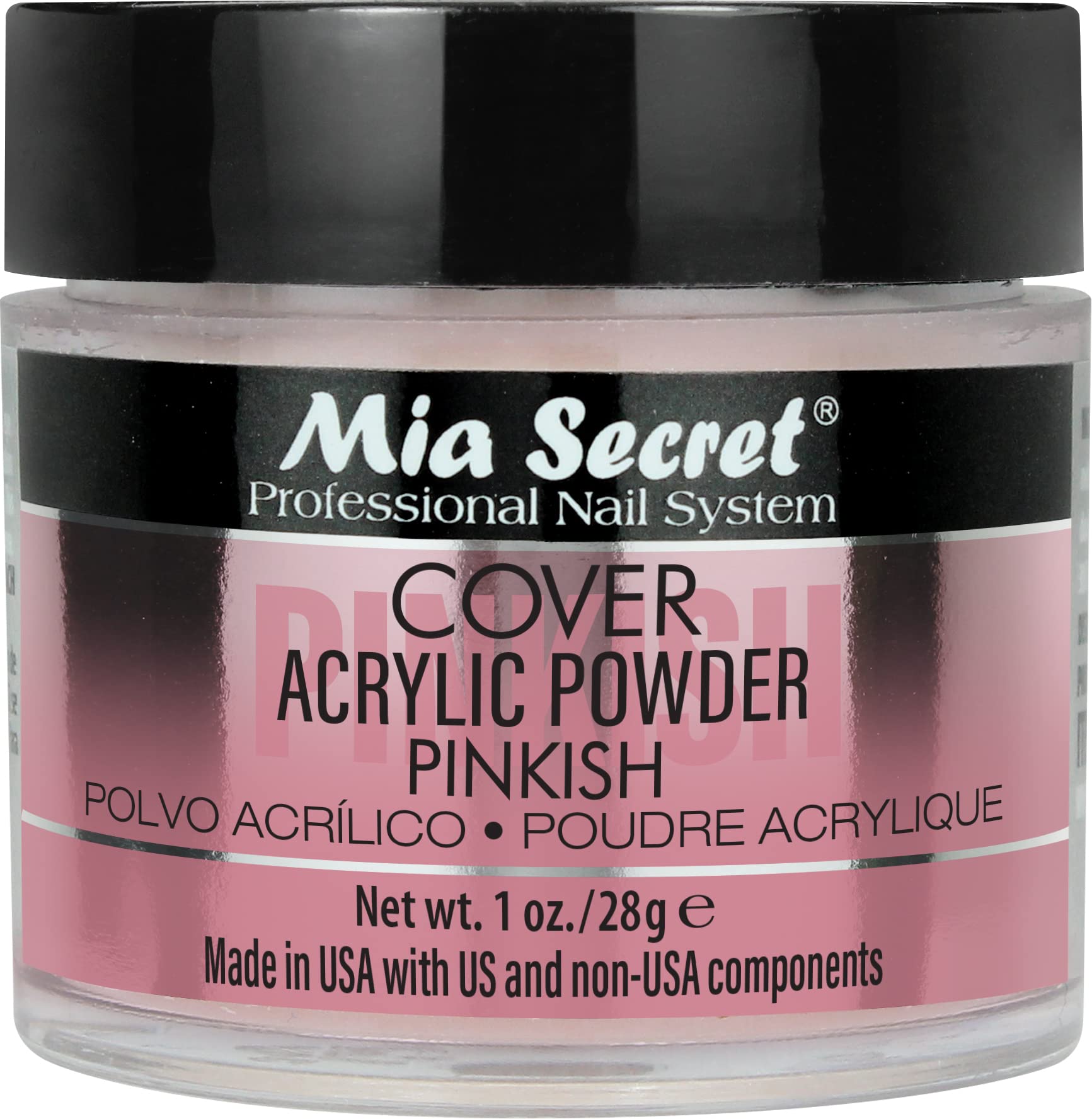 Mia Secret polvo acrílico rosado cubre imperfecciones y da acabado suave.