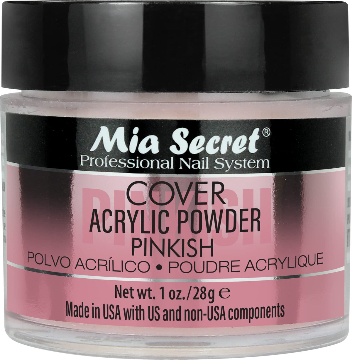 Mia Secret polvo acrílico rosado cubre imperfecciones y da acabado suave.