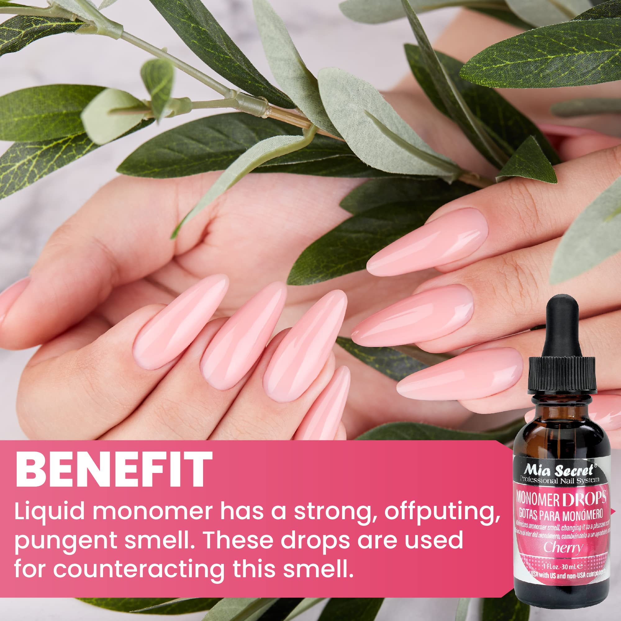 Mia Secret neutralizador de olor para monómero, ideal para salones.