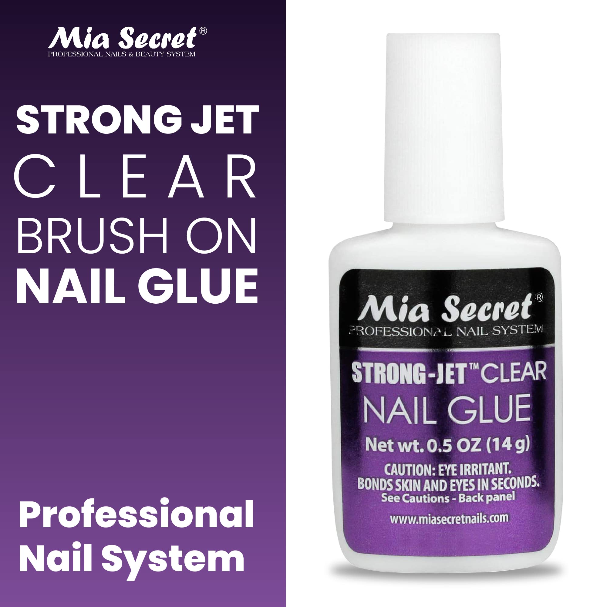 Mia Secret Strong-Jet brush-tip close-up highlights precise application for clean tips.