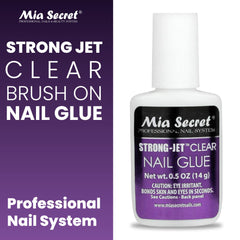 Mia Secret Strong-Jet brush-tip close-up highlights precise application for clean tips.