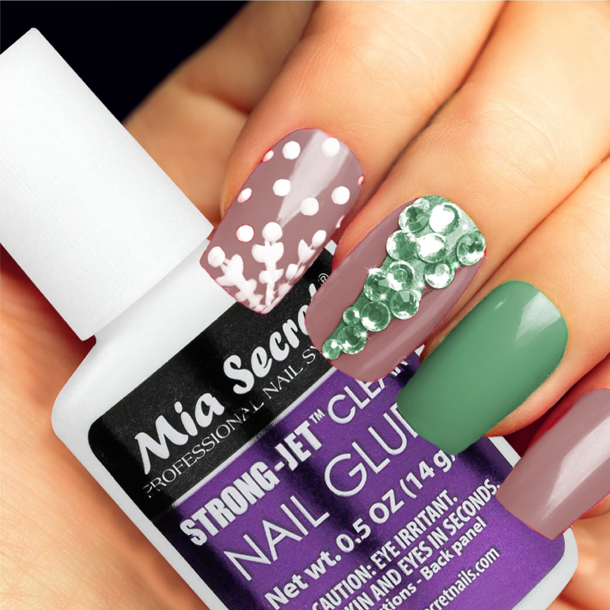 Mia Secret Strong-Jet dried nail with crystal embellishments secured with strong hold.