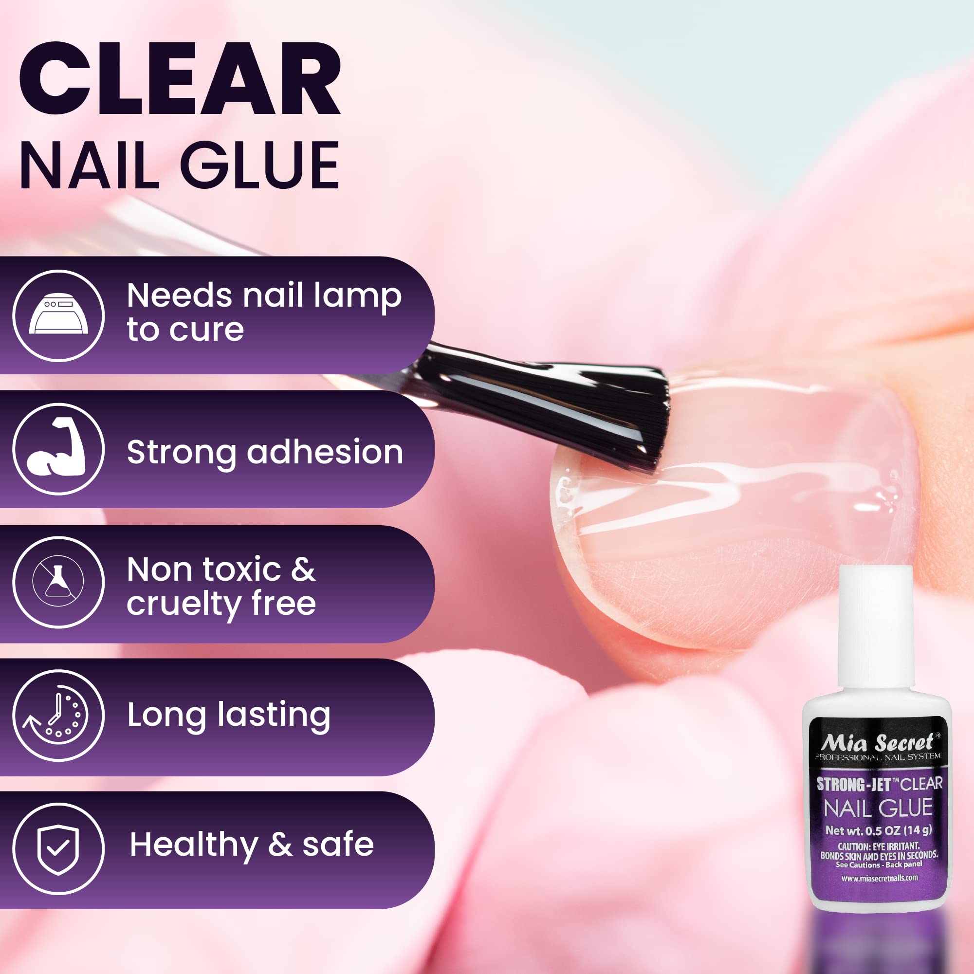 Mia Secret Strong-Jet glue label visible, clear formula for natural-looking adhesion.