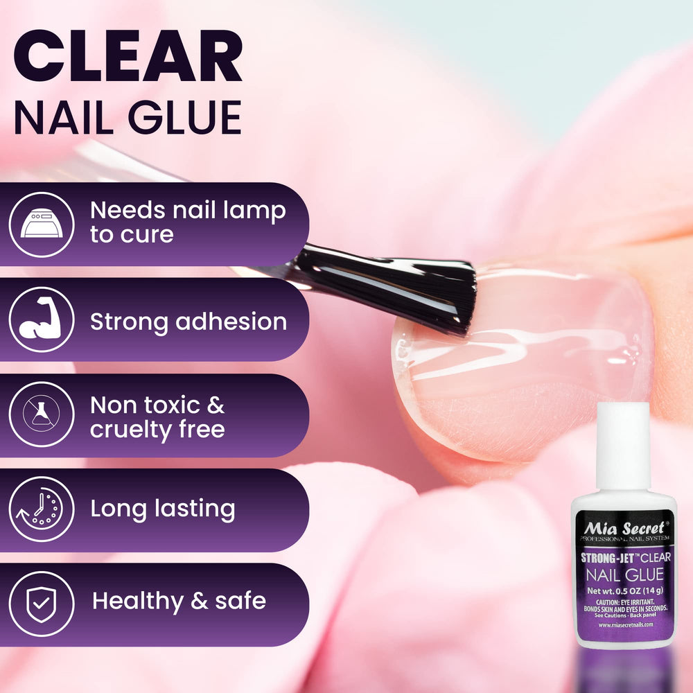 Mia Secret Strong-Jet glue label visible, clear formula for natural-looking adhesion.