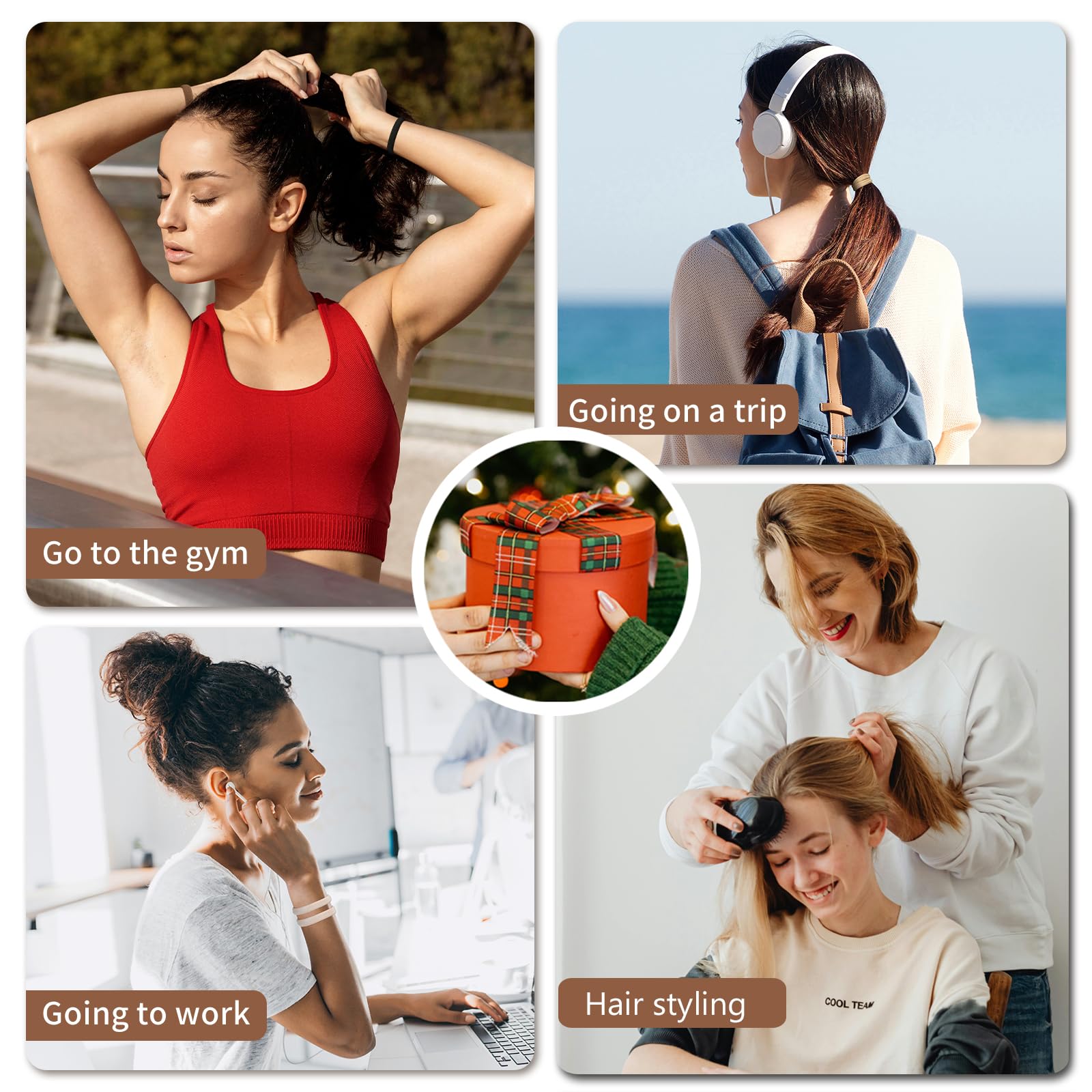 Gomas Mia Klein para diferentes estilos de pelo: coletas, moños y trenzas.