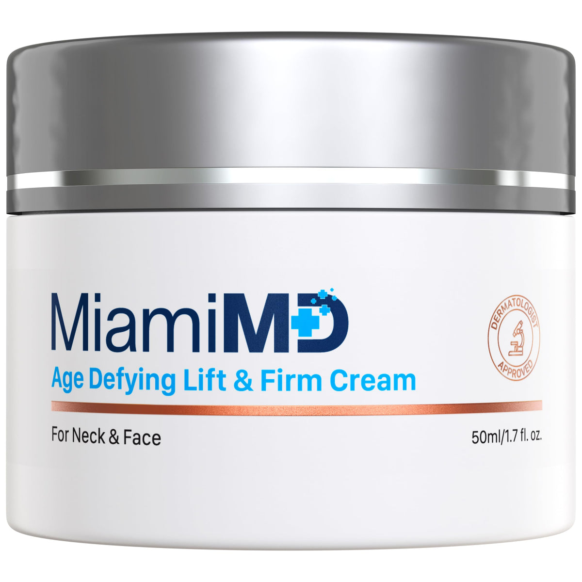 MiamiMD Age-Defying Lift & Firm Cream bottle closeup highlighting premium skin tightening potential.