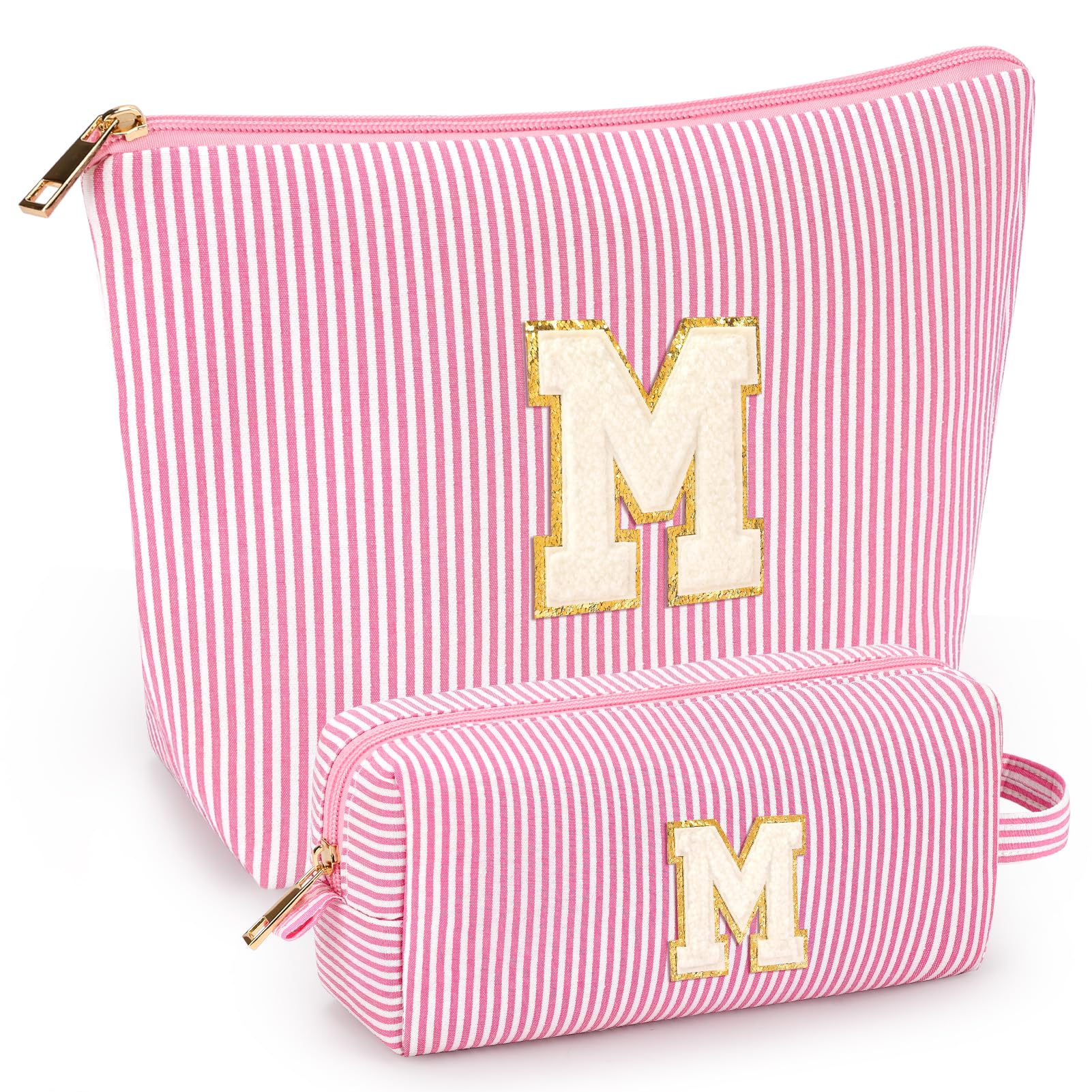Mibasies pink initial makeup bag front view, compact travel-friendly design.