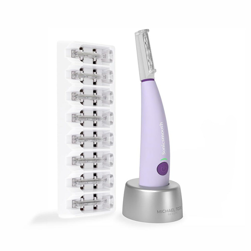 Michael Todd Sonicsmooth dermaplane razor face close-up showing gentle exfoliation and peach fuzz removal
