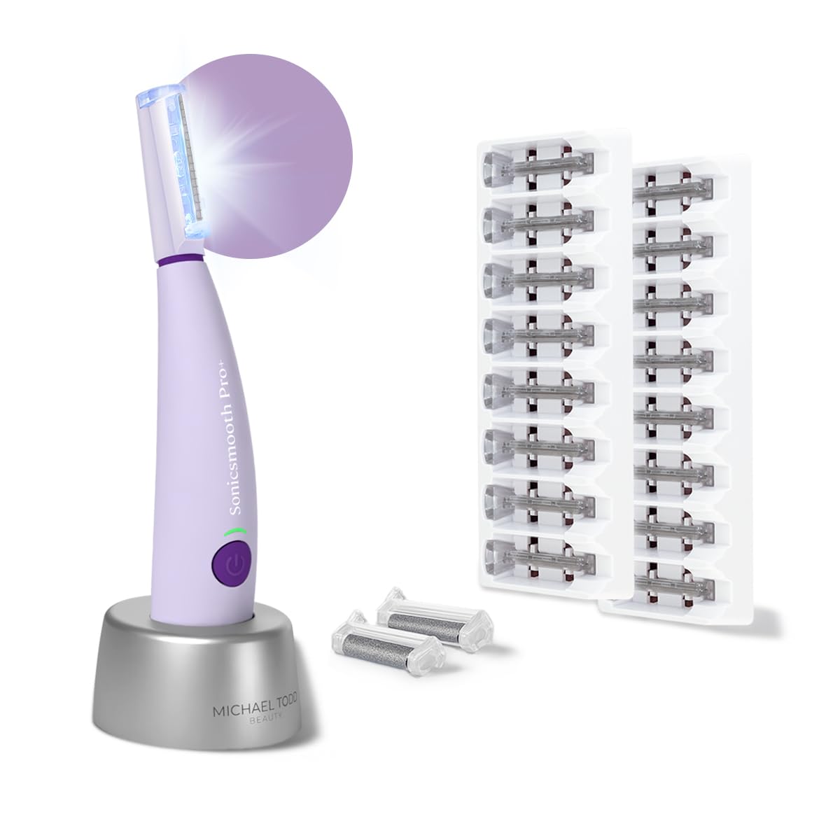 Michael Todd Sonicsmooth Pro+ dermaplaning head close-up for smoother skin and peach fuzz removal.
