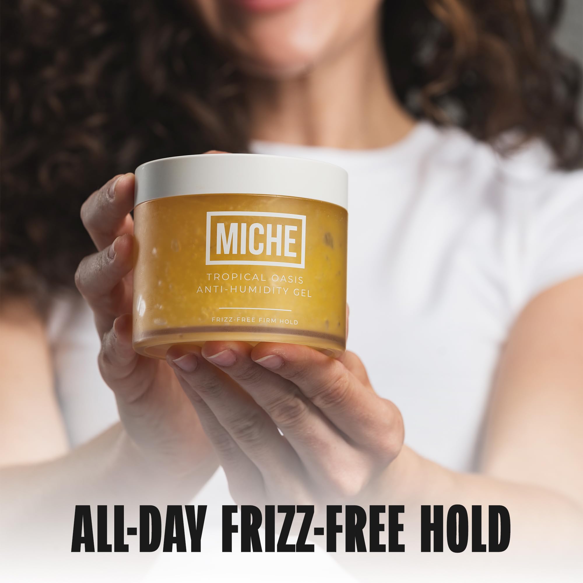 Miche Beauty MICHE gel application close-up showing strong hold on curly hair.