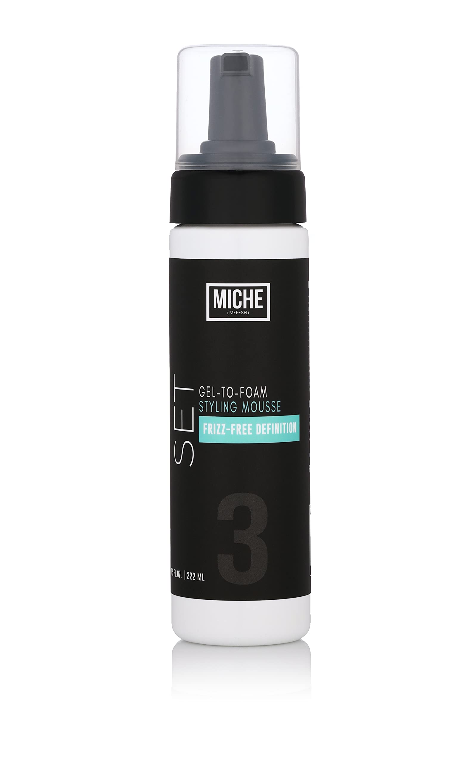 Miche Beauty gel que se transforma en mousse, botella elegante para peinado ligero y definición duradera.
