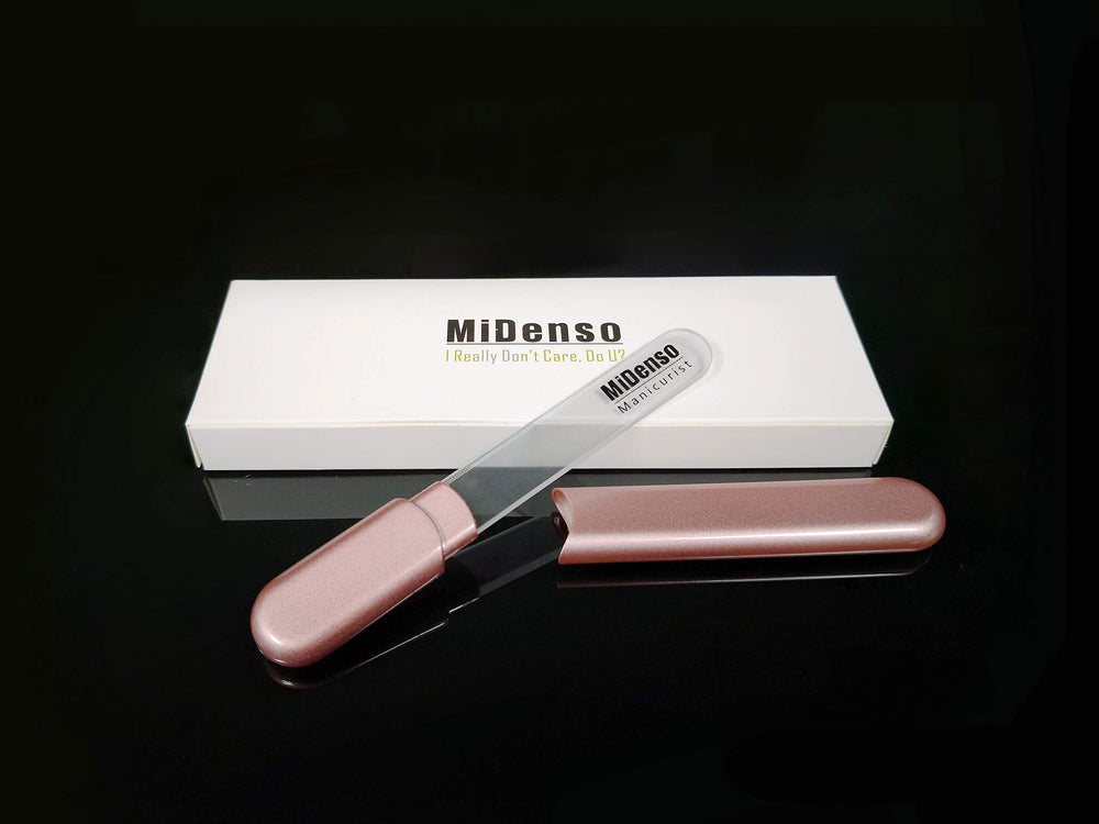 MiDenso rose-gold glass nail file highlights premium feel for safe, precise manicures.