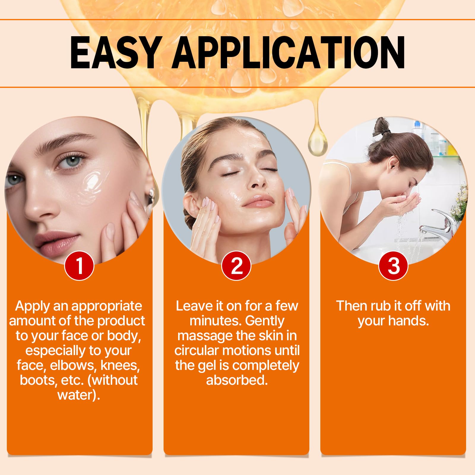 Miehoous gel exfoliante naranja – empaque práctico para rostro y cuerpo.