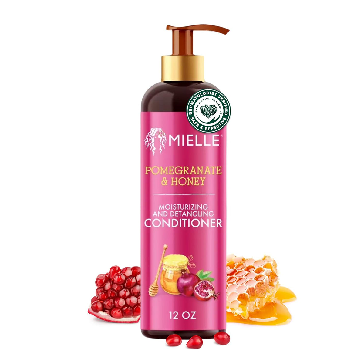 Acondicionador Mielle Organics Granada y Miel, botella; desenreda suavemente y fortalece rizos.