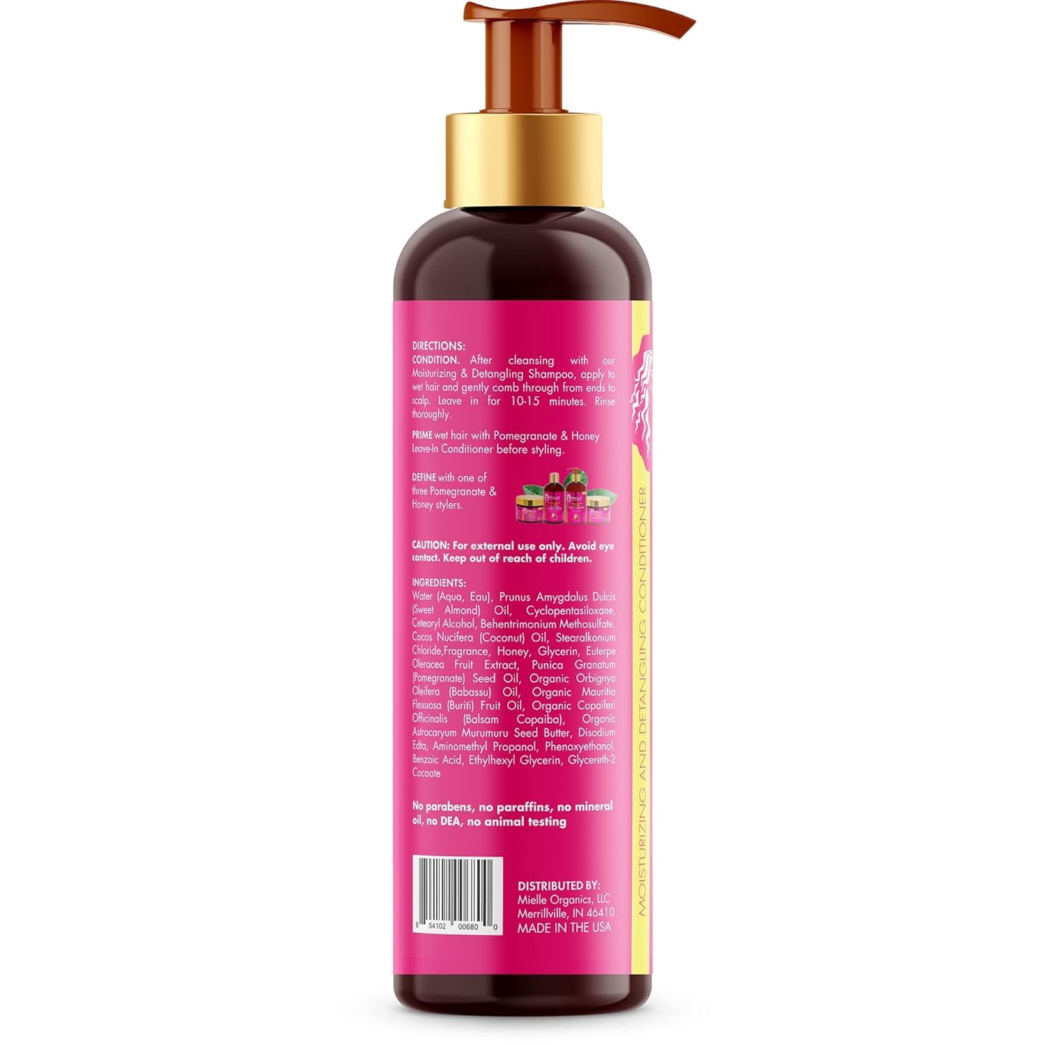 Acondicionador Mielle Organics Granada y Miel, brillo-sedoso; realza la textura natural.