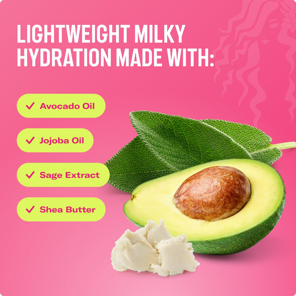 Mielle Organics Leche de Aguacate en frasco, cuidado de cabello rizado y encrespado.