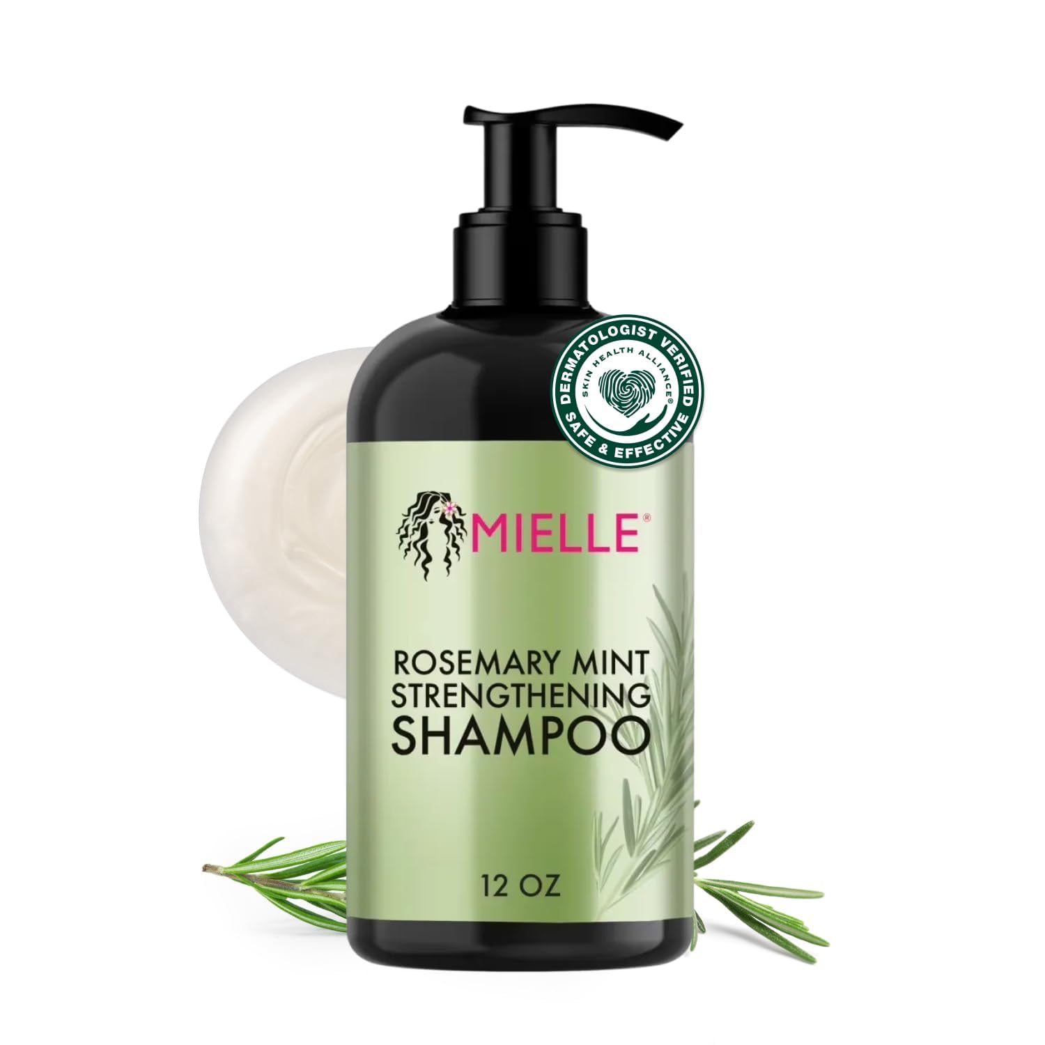 Champú Rosemary Mint de Mielle Organics, botella visible, limpieza suave para cabellos saludables.