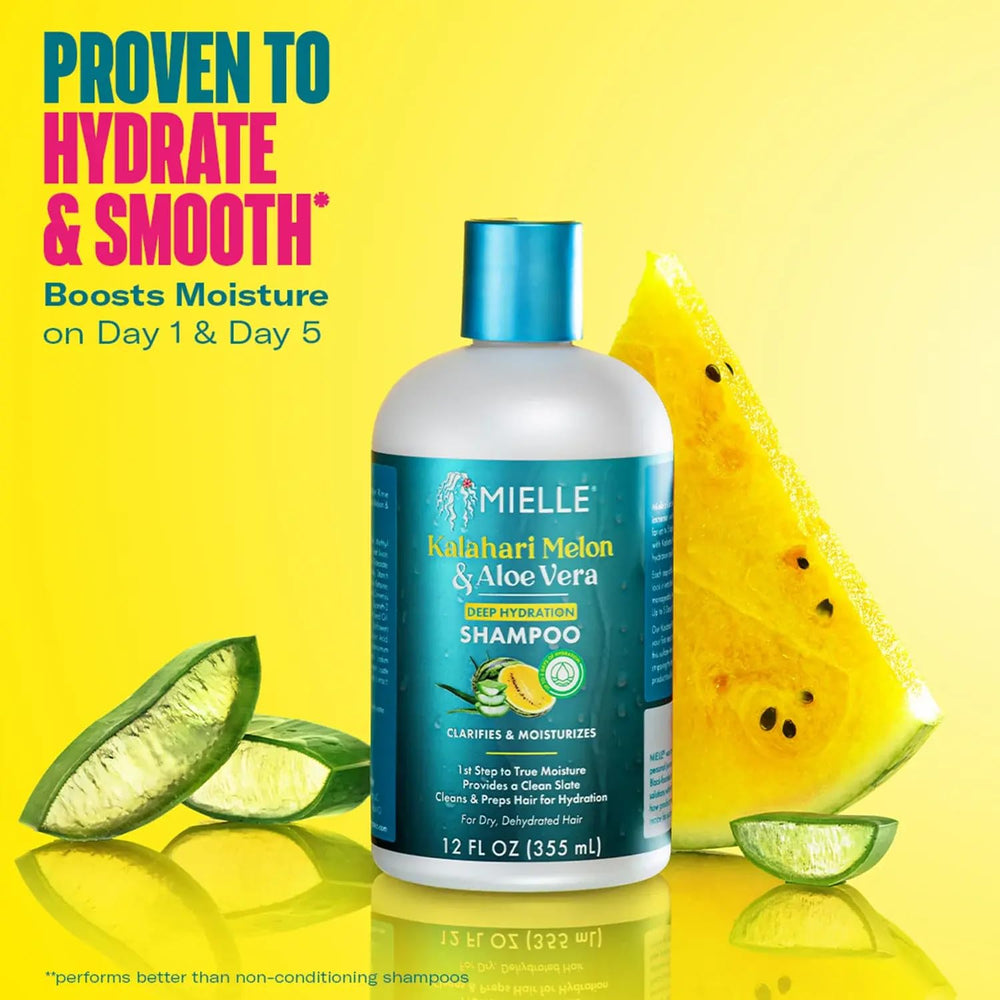 Hidrata entre lavados con Mielle Organics Kalahari Melon Aloe Deep Shampoo para rizos.