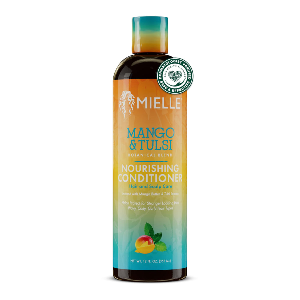 Acondicionador Mielle Organics Mango Tulsi, botella: hidrata y desenreda el cabello con aroma tropical