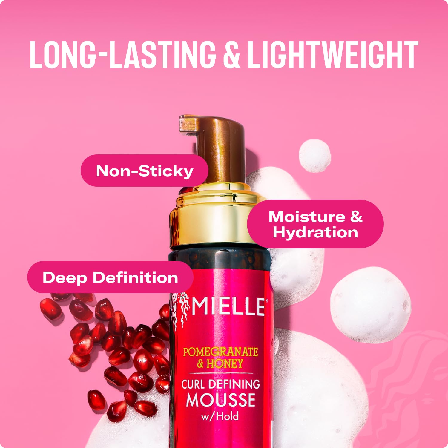 Mielle Organics Mousse Granada Miel, fórmula hidratante que controla el encrespamiento.