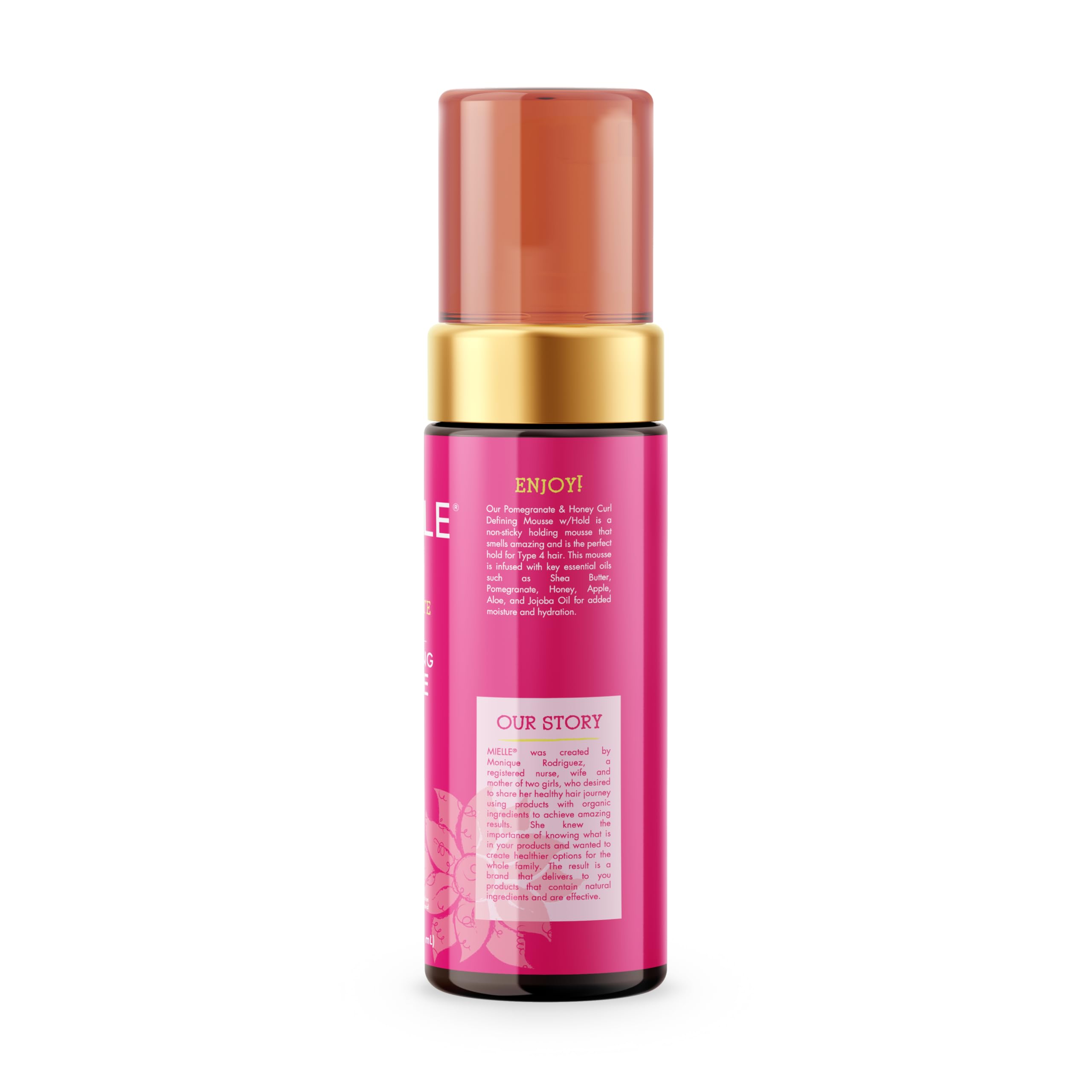 Mielle Organics Mousse Granada Miel, definición duradera para rizos brillantes y manejables.
