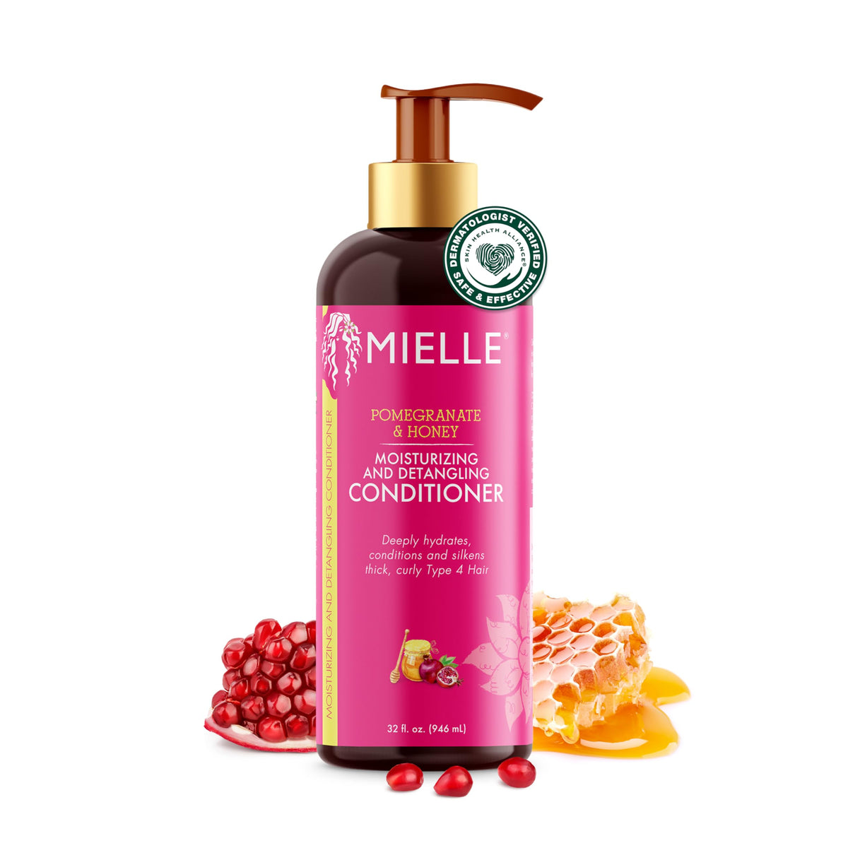 Mielle Organics Pomegranate & Honey Detangling Conditioner bottle promotes easy detangling and curl hydration