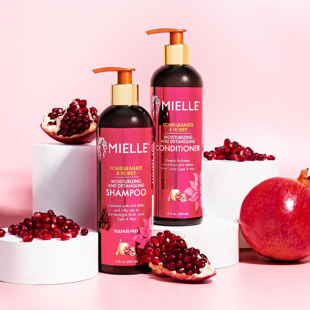 Mielle Organics Pomegranate & Honey Detangling Conditioner on store display highlights premium curly care