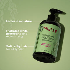 Aplicación en manos de Mielle Organics romero-menta, fácil distribución.