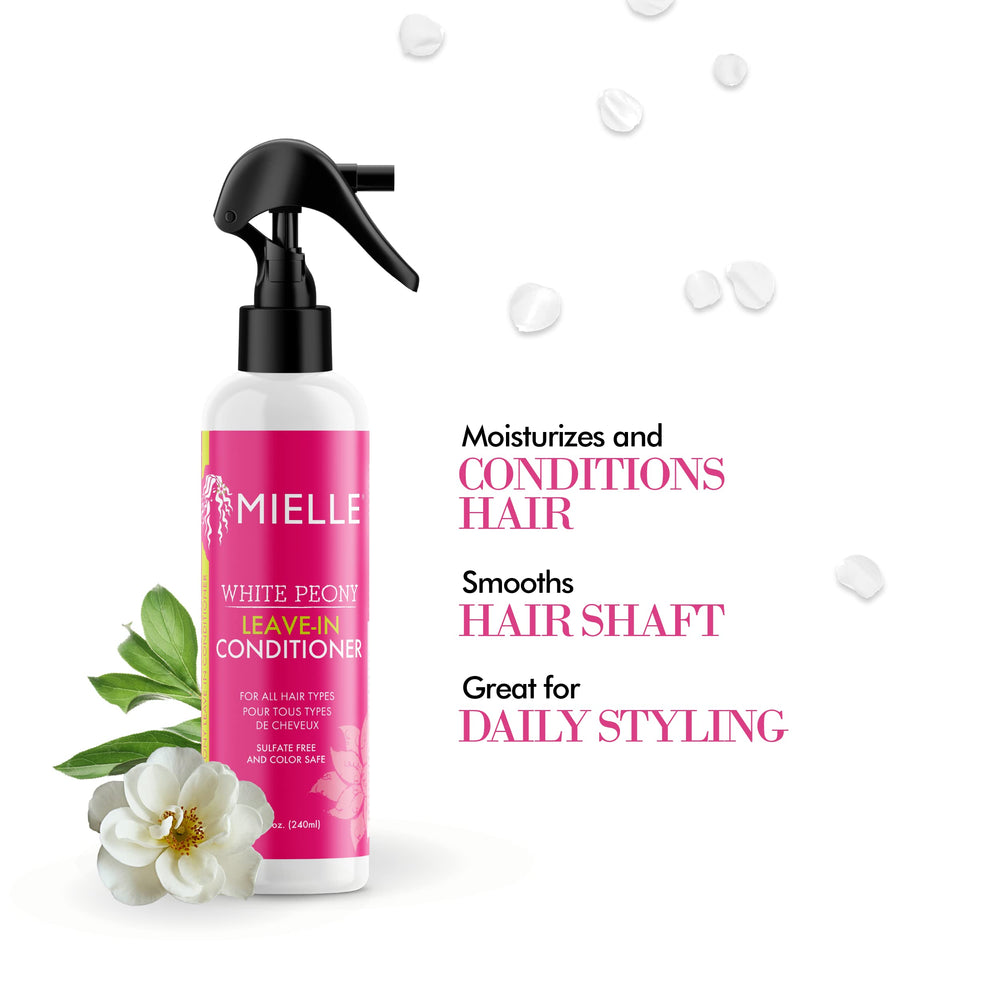 Mielle Organics White Peony Spray: desenredante ligero que facilita peinados sin tirones.